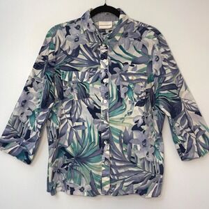 Alfred Dunner Tropical Floral 100% Cotton 3/4 Sleeve Button Up Shirt Woman's 14